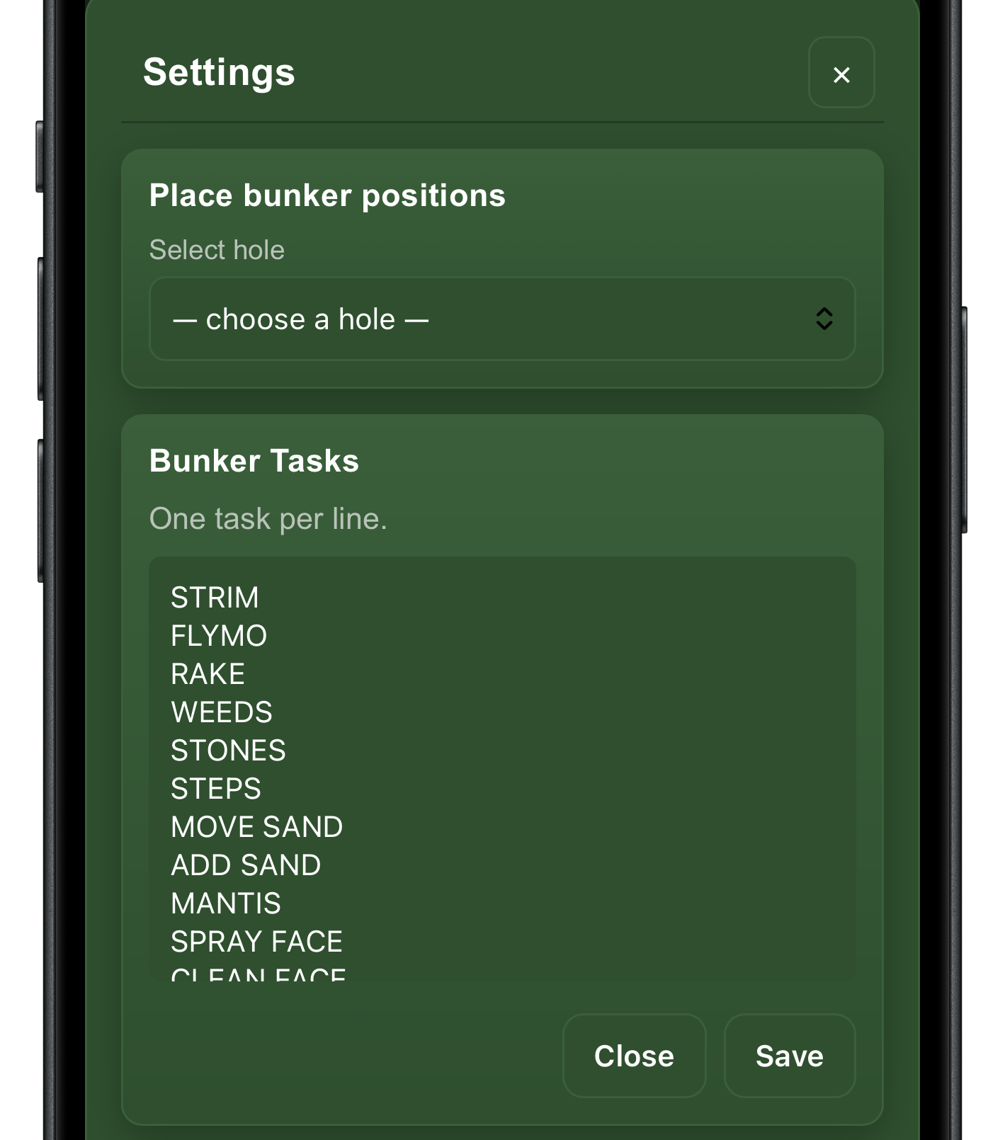 Bunker settings custom task list and hole selector