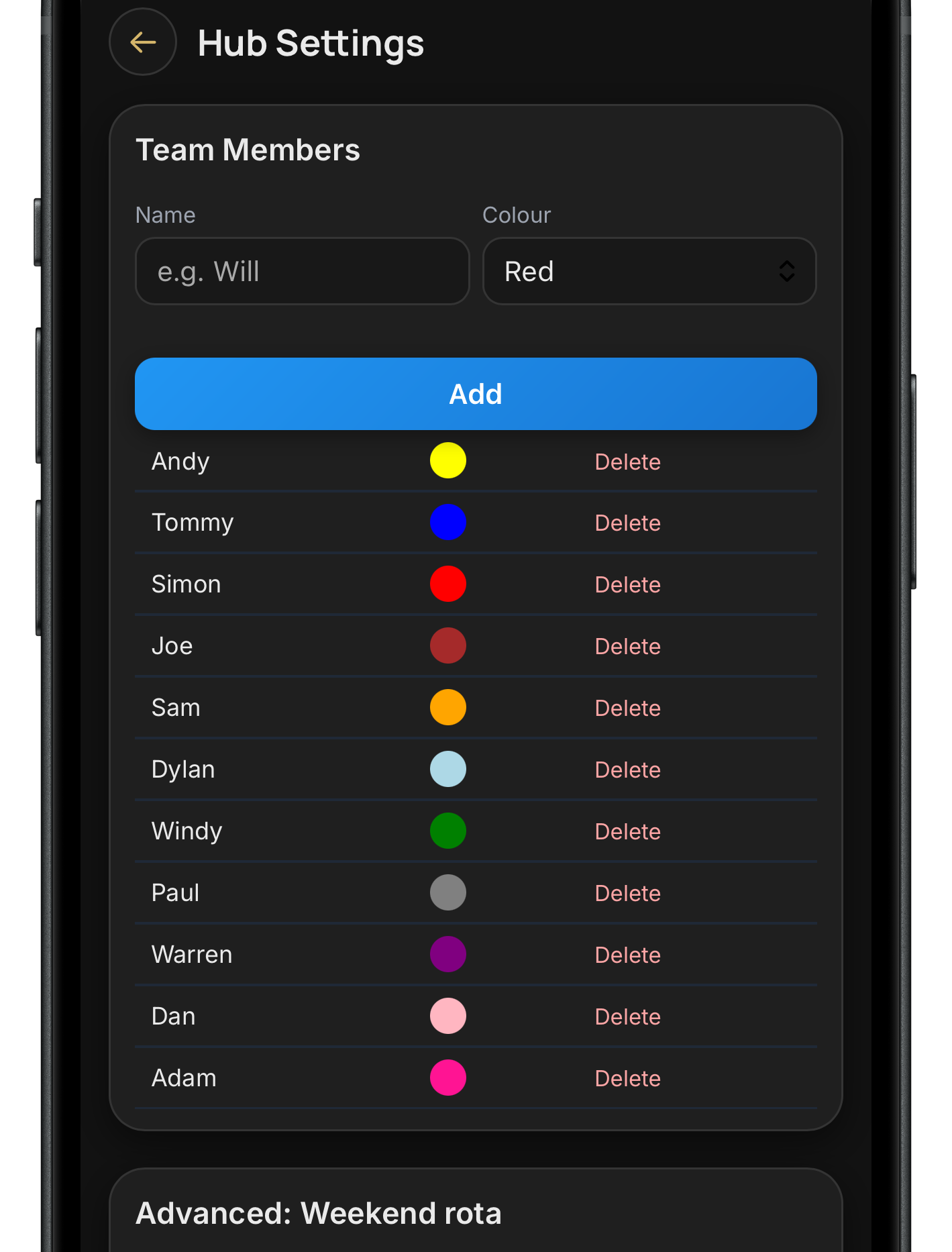 Team Hub settings with team members