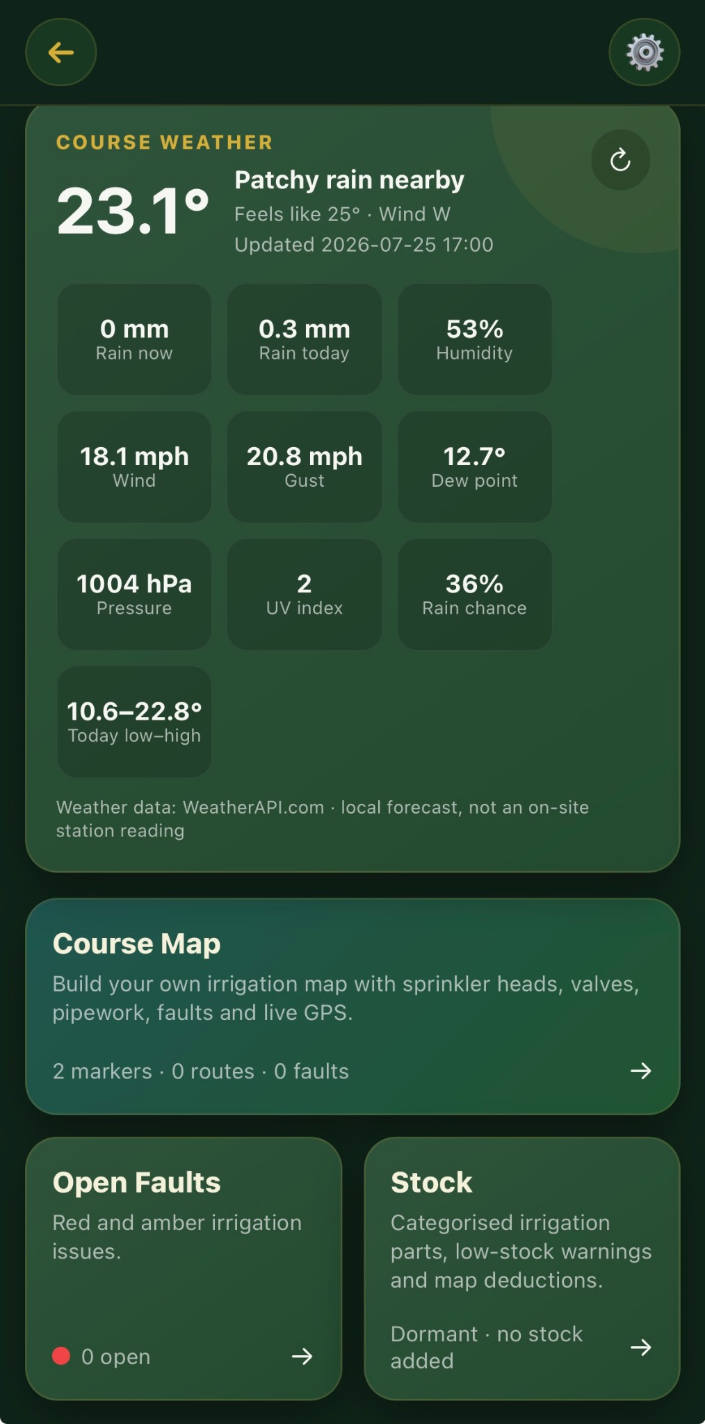Irrigation dashboard with course weather, map, faults and stock