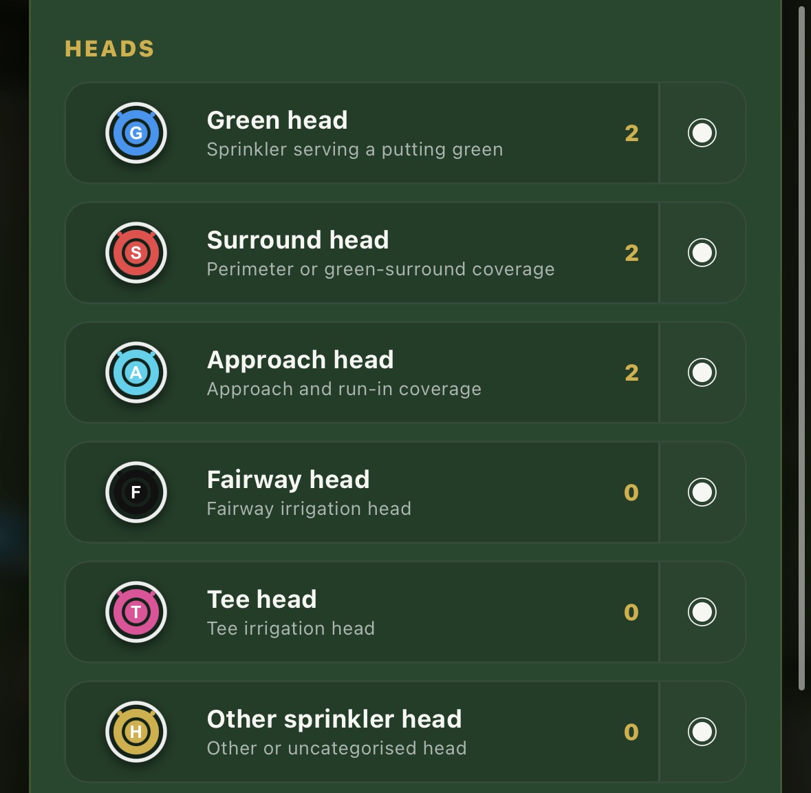 Map key showing sprinkler head categories