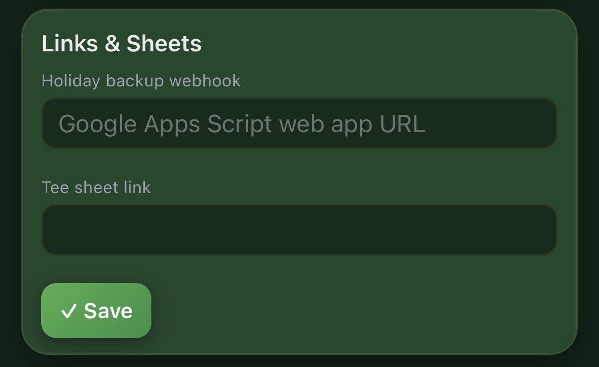 Links and Sheets settings for holiday backup and tee sheet