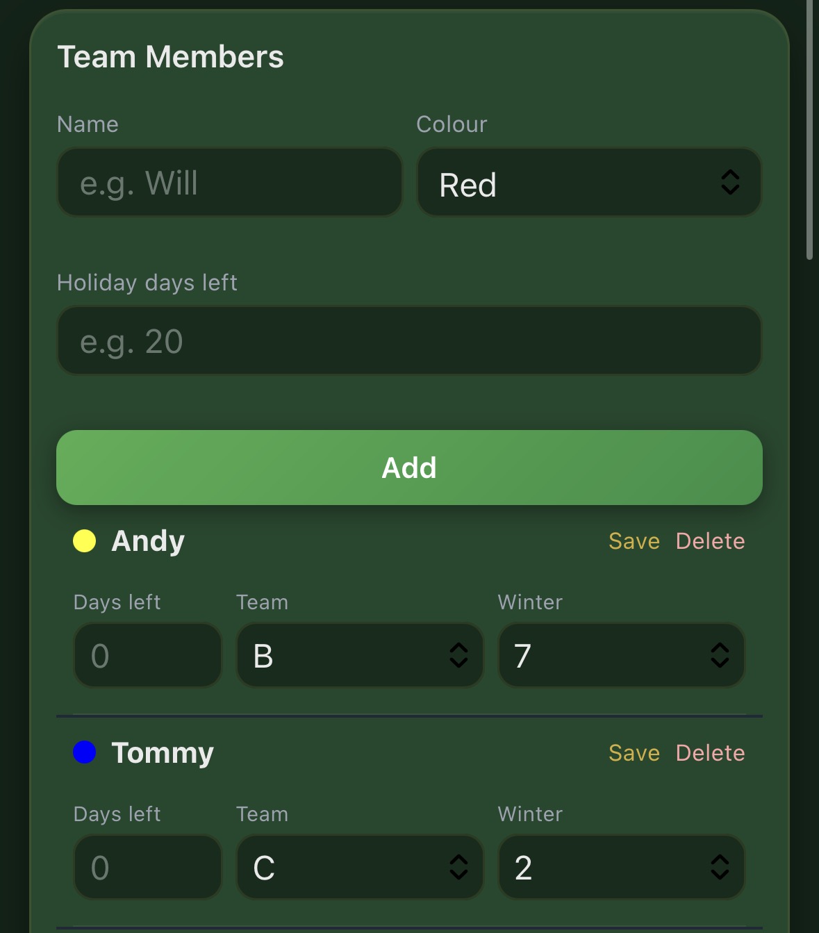 Team Hub settings for adding team members, colours and holiday days