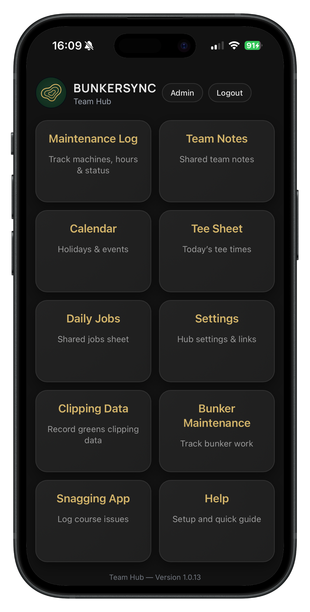 BunkerSync Team Hub home screen